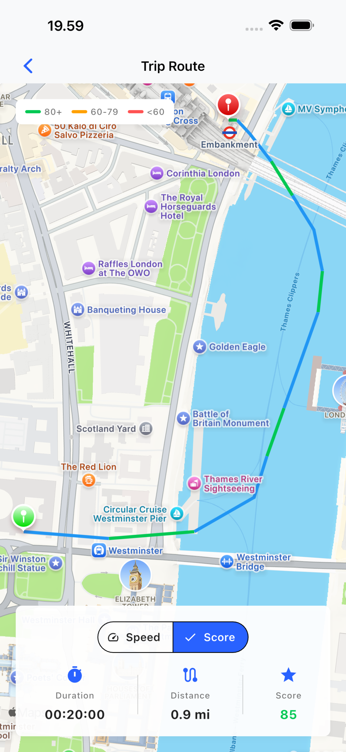 EesyRider trip route map with score overlay